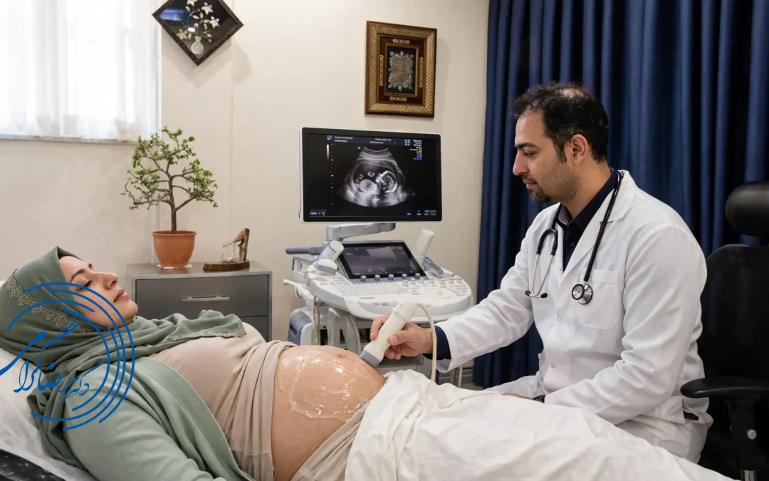 سونوگرافی آنومالی اسکن؛ پزشک در حال انجام اسکن آنومالی جنین روی شکم مادر باردار — آنومالی اسکن چه مشکلاتی را تشخیص می‌دهد