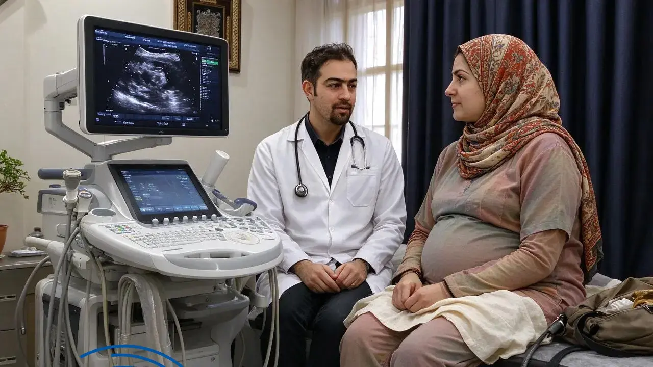 پزشک در حال توضیح مراحل آنومالی اسکن برای مادر باردار — آنومالی اسکن چه مشکلاتی را تشخیص می‌دهد