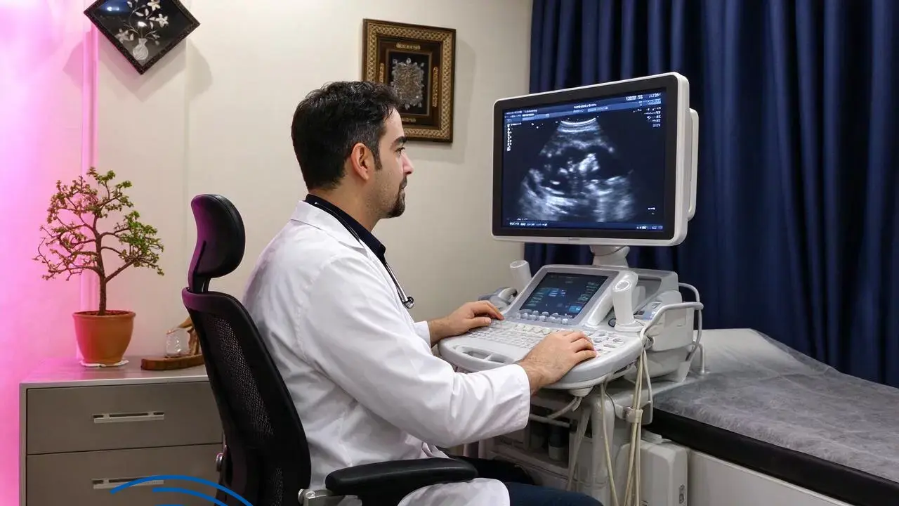 پزشک در حال بررسی تصاویر اکو قلب جنین روی مانیتور — رزرو نوبت اکو قلب جنین