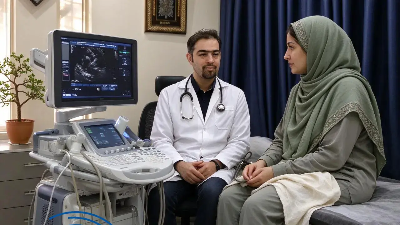 پزشک در حال توضیح مراحل اکو قلب جنین برای مادر باردار — رزرو نوبت اکو قلب جنین