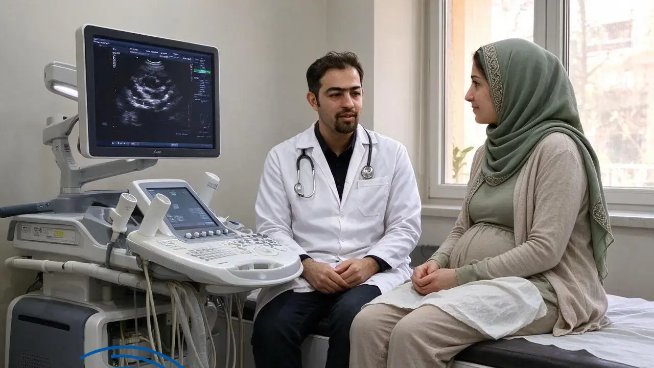 پزشک در حال توضیح مراحل اکو قلب جنین برای مادر باردار — اکو قلب جنین هفته ۱۸ تا ۲۲