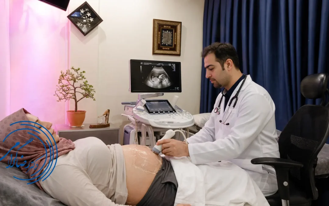اکو قلب جنین؛ پزشک در حال انجام اکوکاردیوگرافی قلب جنین — اکو قلب جنین در سعادت‌آباد تهران