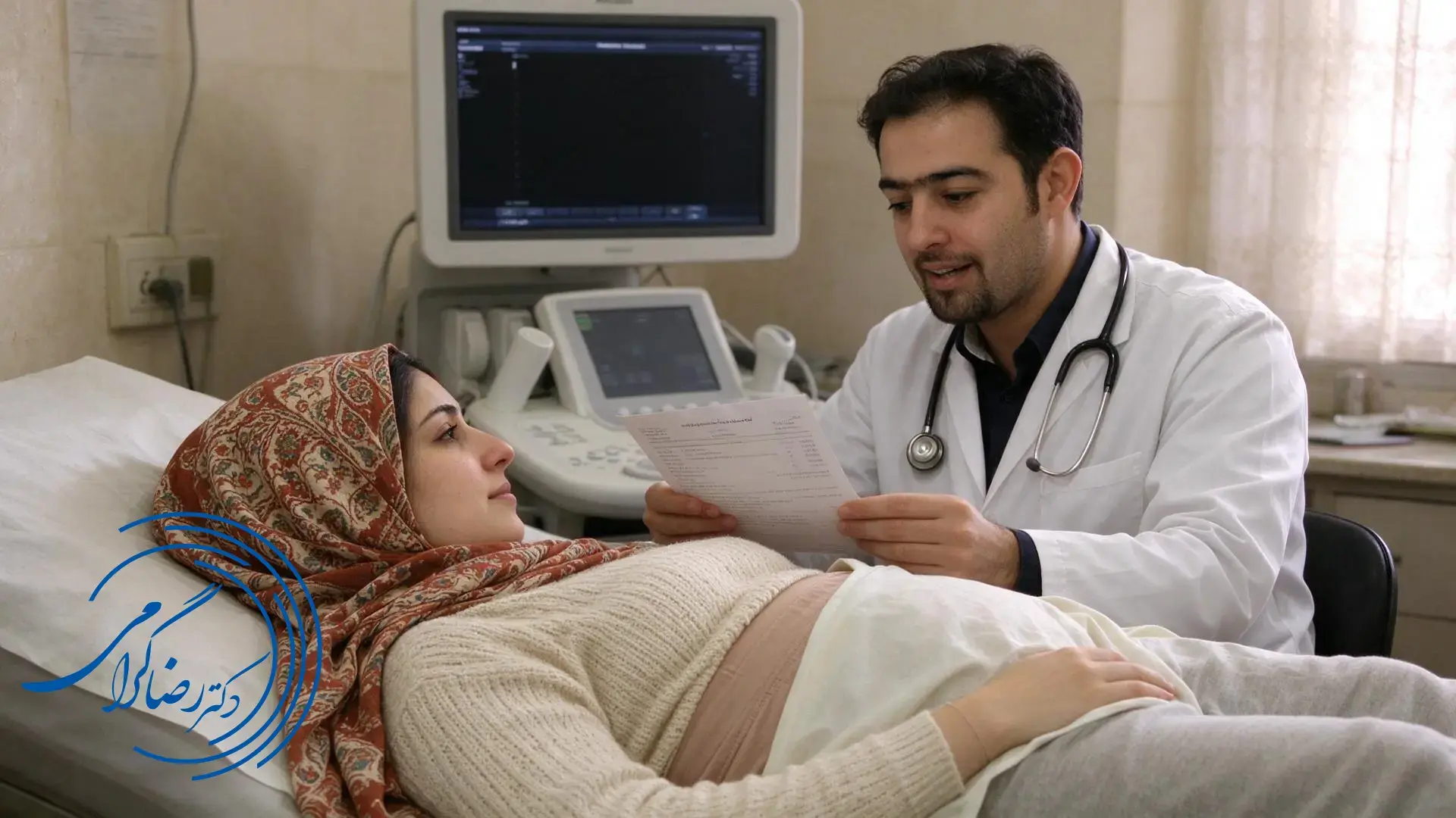 پزشک در حال توضیح نتیجه اکو قلب جنین برای مادر باردار — مراحل انجام اکو قلب الجنین پزشک در حال توضیح نتیجه اکو قلب جنین برای مادر باردار — مراحل انجام اکو قلب الجنین