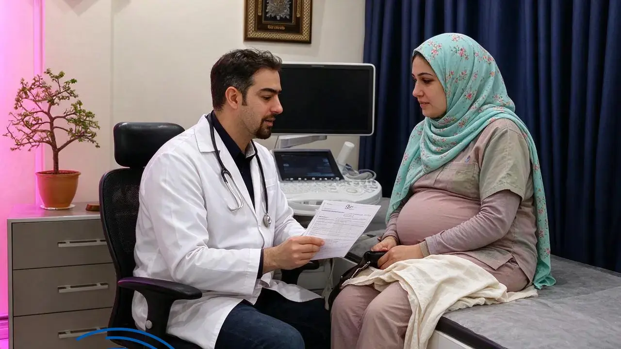 پزشک در حال توضیح نتیجه آنومالی اسکن برای مادر باردار — آمادگی قبل از آنومالی اسکن